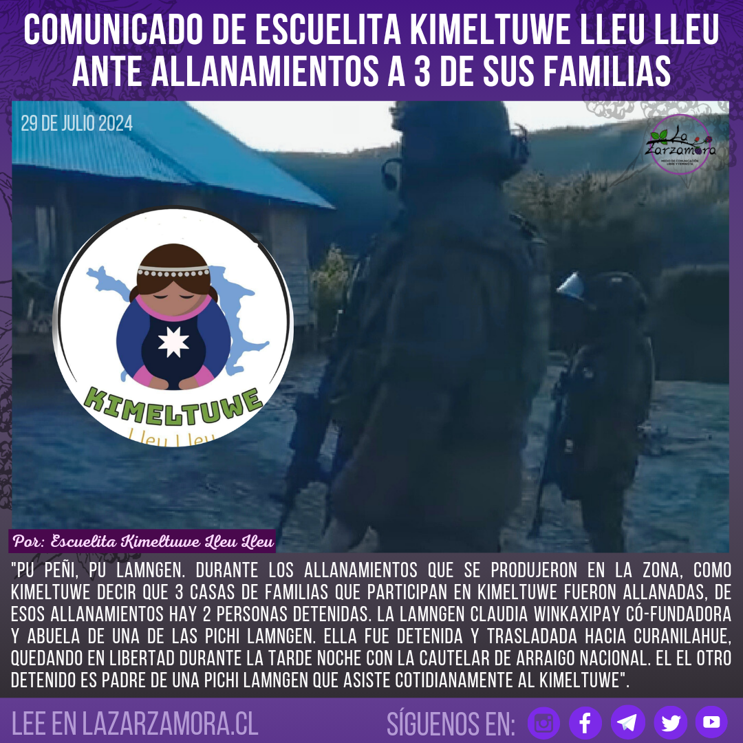 Policías militarizada de Chile armados rodean una escuela mapuche lavkenche. al lado izquierdo por sobre esta imagen el logo de la ecuelita kimeltuwe con una niña mapuche y la estrella sagrada weñelfe